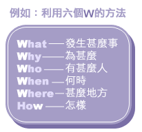 例如：利用六個W個方法